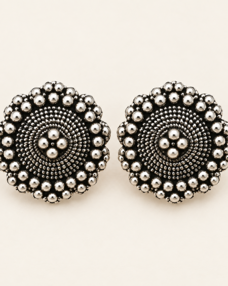 Oxidized Silver Beaded Floral Stud Earring