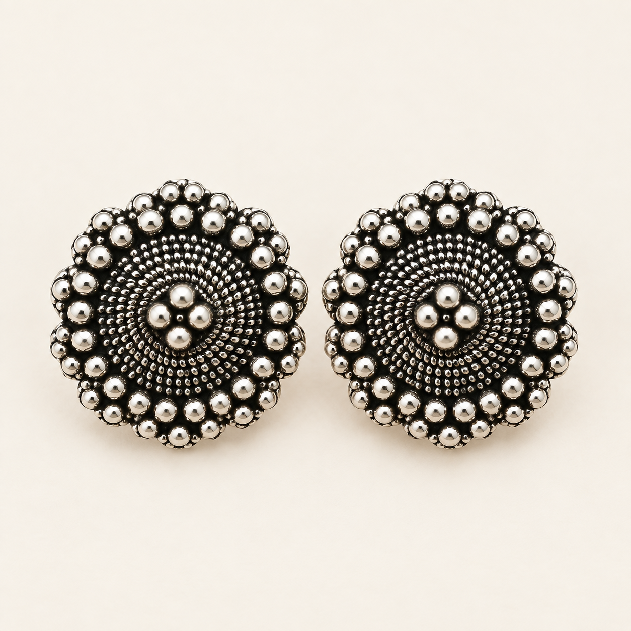 Oxidized Silver Beaded Floral Stud Earring