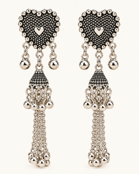 Oxidized Silver Heart Jhumka Chain Earrings