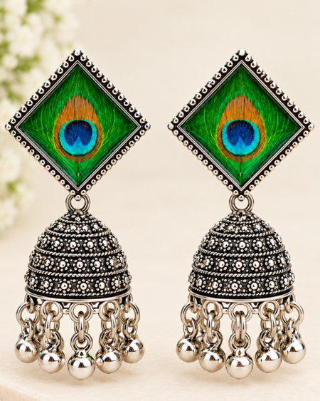 Peacock Feather Oxidized Silver Jhumka Earrings