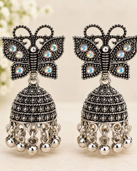 Oxidized Silver Butterfly Jhumka Earrings
