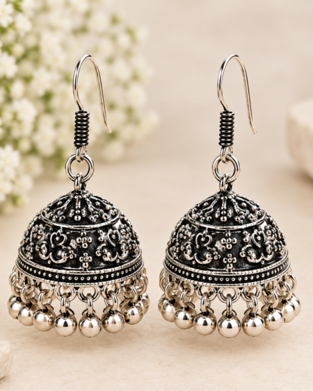 Oxidized Silver Floral Dome Jhumka Earrings
