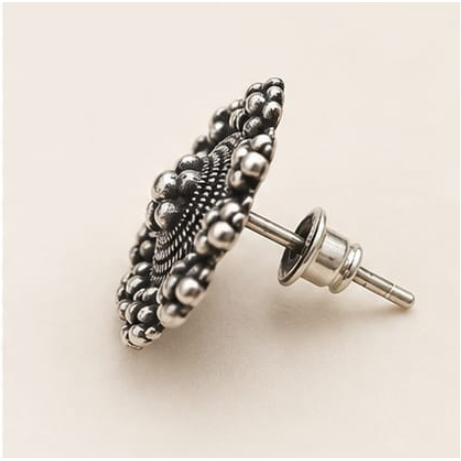 Oxidized Silver Beaded Floral Stud Earring - Image 2