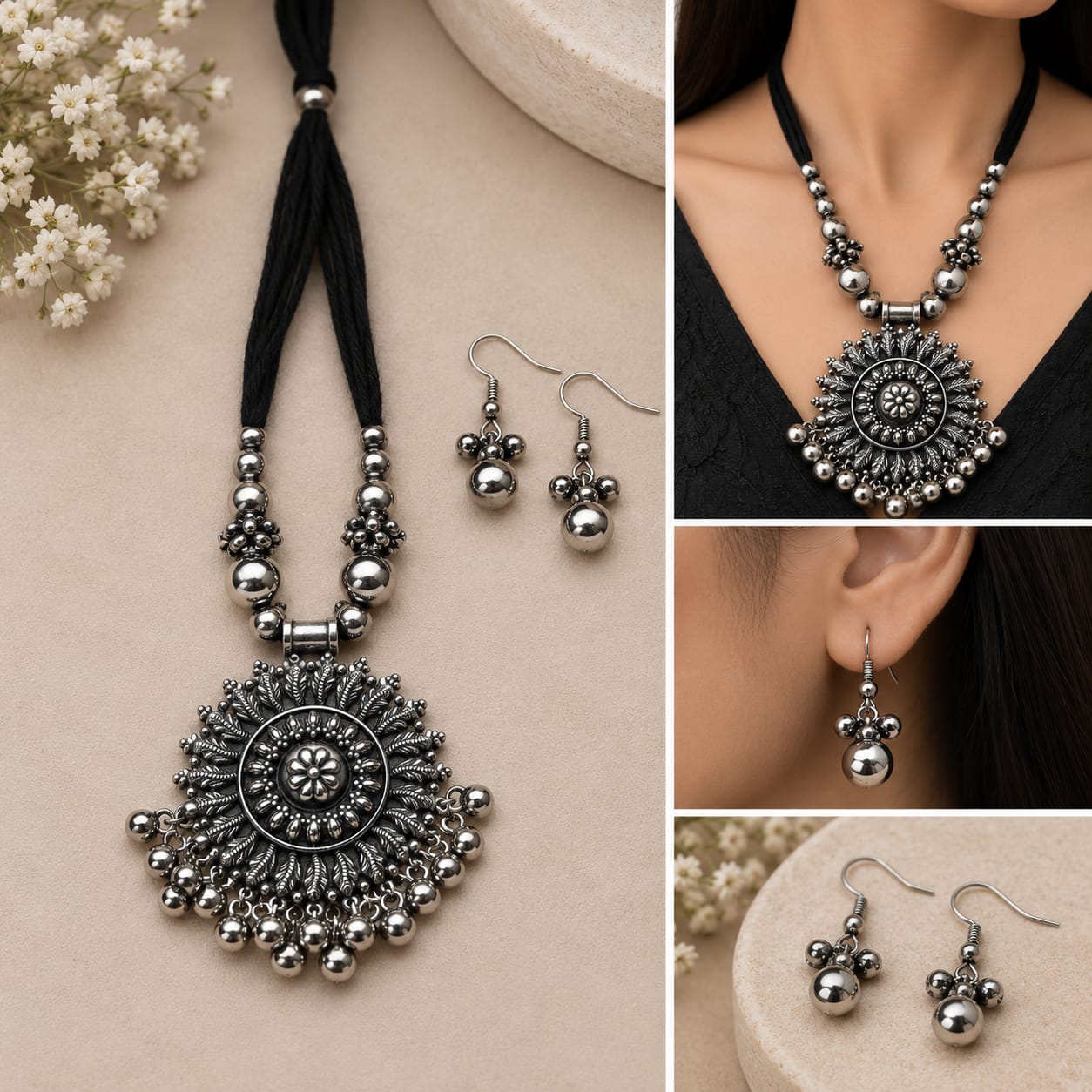 Oxidised Silver Necklace & Earring Set - Image 4