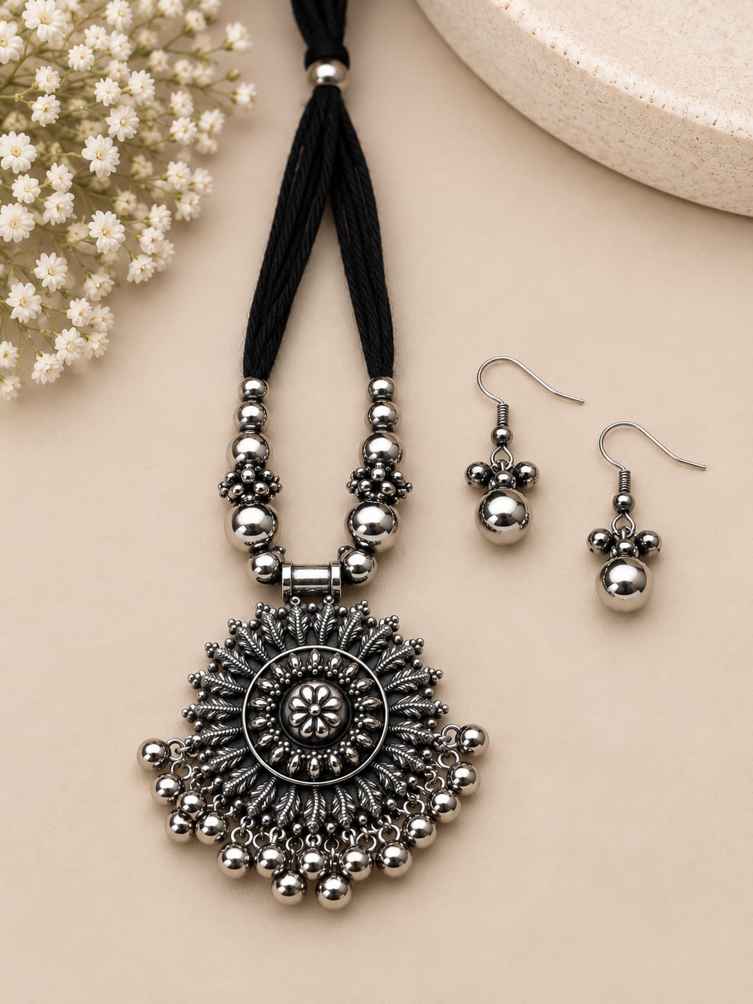 Oxidised Silver Necklace & Earring Set