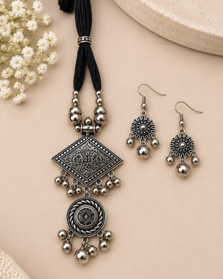 Oxidised Silver Tribal Necklace & Earrings Set