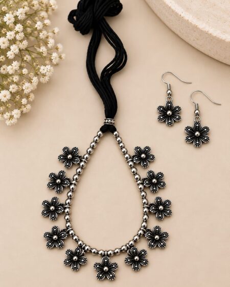 Oxidised Silver Floral Necklace & Earrings Set