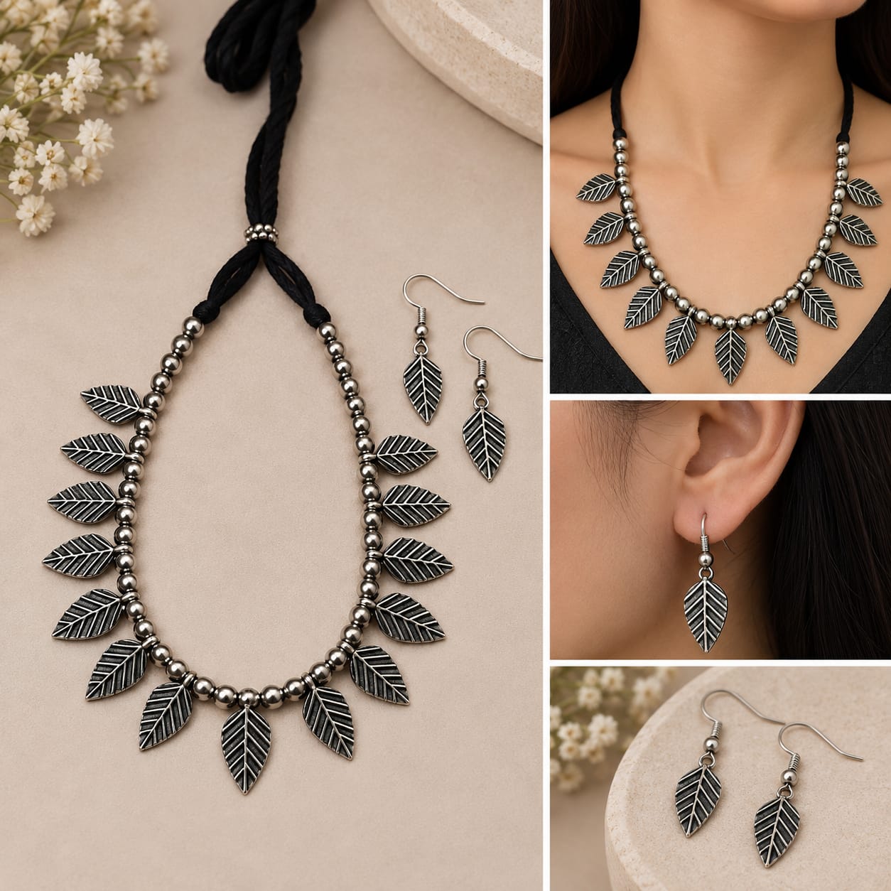 Oxidised Silver Leaf Necklace & Earrings Set - Image 2