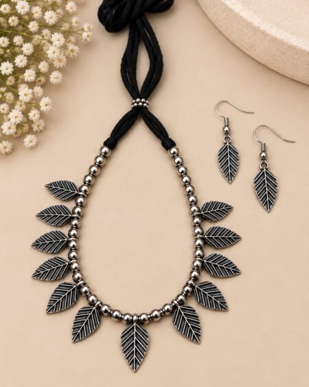 Oxidised Silver Leaf Necklace & Earrings Set