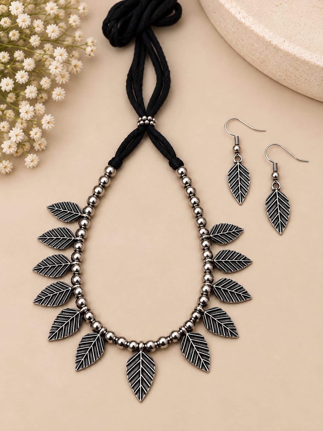 Oxidised Silver Leaf Necklace & Earrings Set