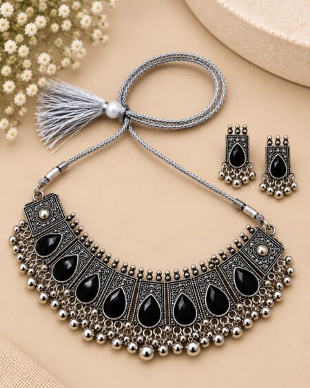 Oxidised Silver Black Stone Choker Necklace & Earrings Set