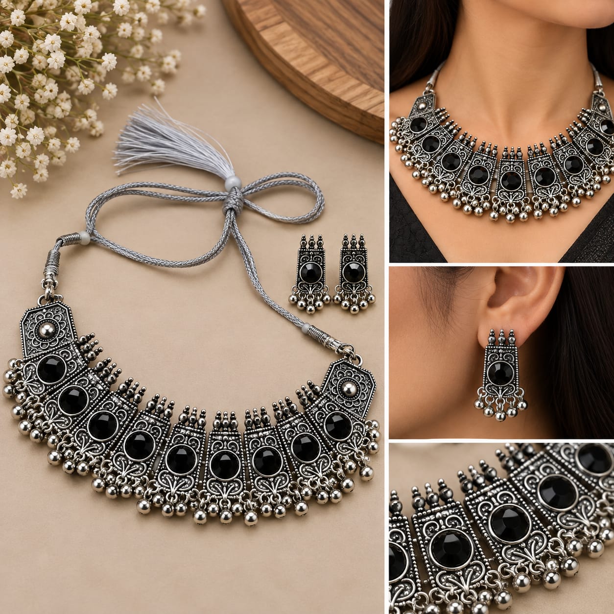 Oxidised Silver Black Stone Statement Choker Set - Image 2