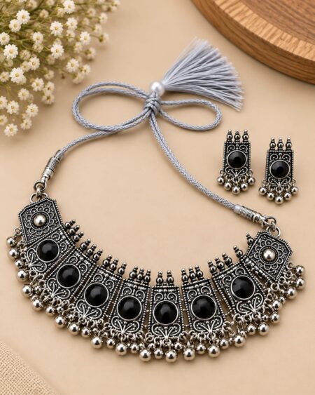 Oxidised Silver Black Stone Statement Choker Set