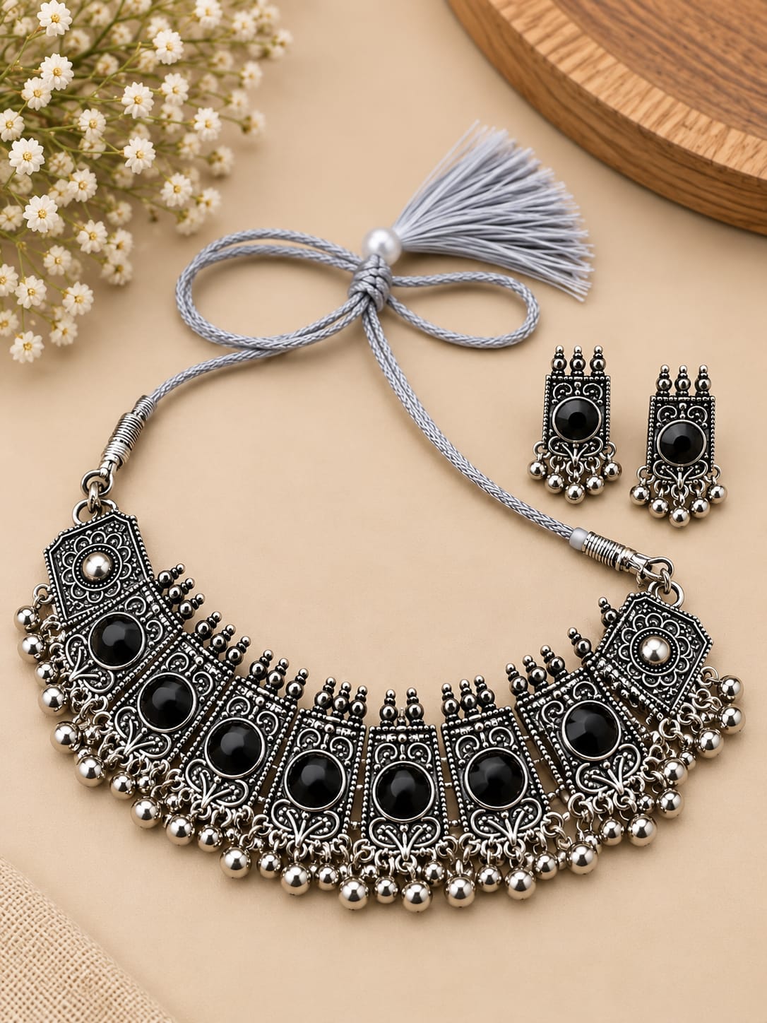 Oxidised Silver Black Stone Statement Choker Set