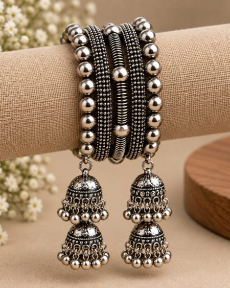 Oxidised Silver Jhumka Charm Bracelet