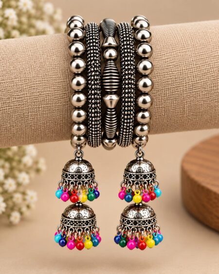 Oxidised Silver Multicolor Jhumka Charm Bracelet