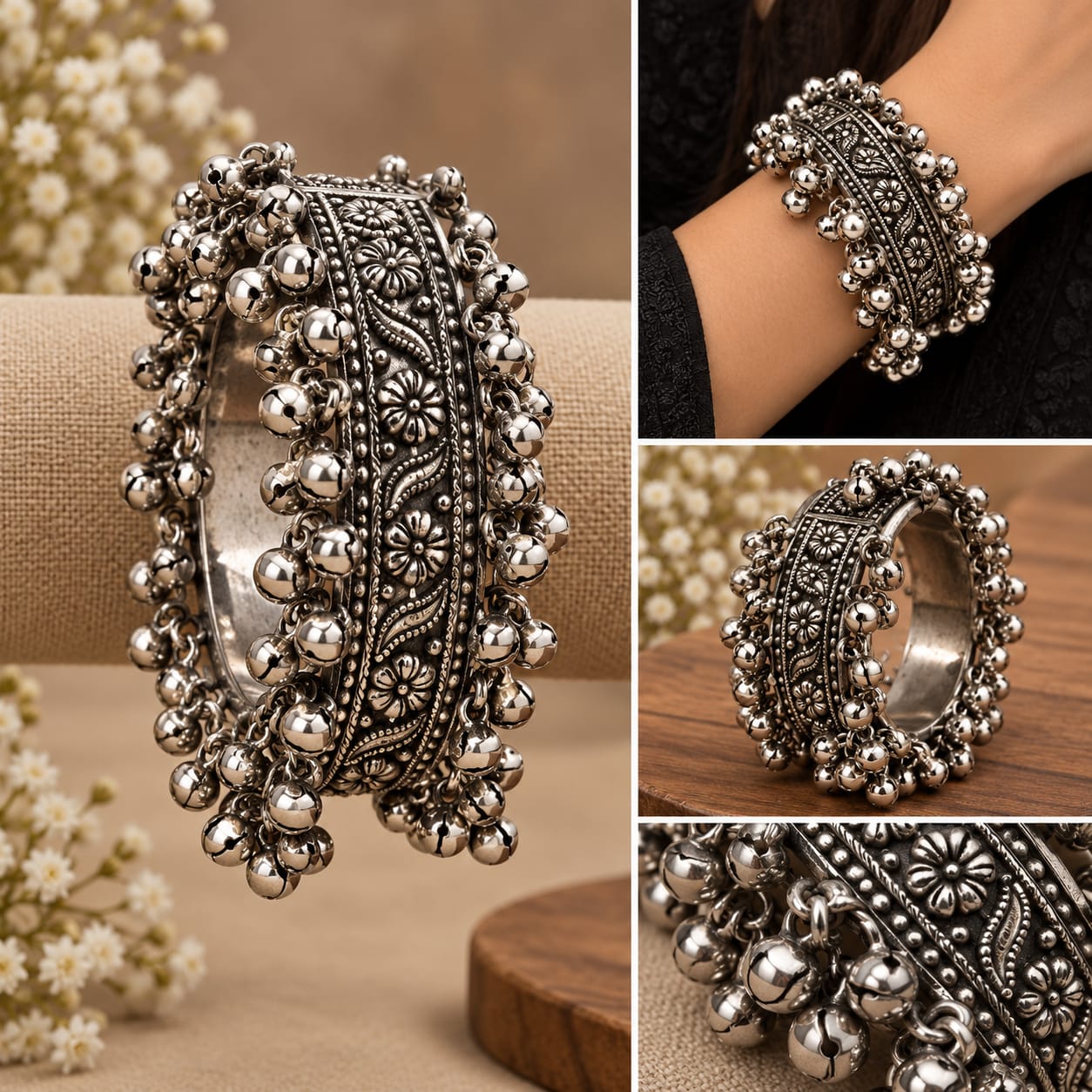Oxidised Silver Floral Embossed Kada Set – Pair of 2 - Image 2