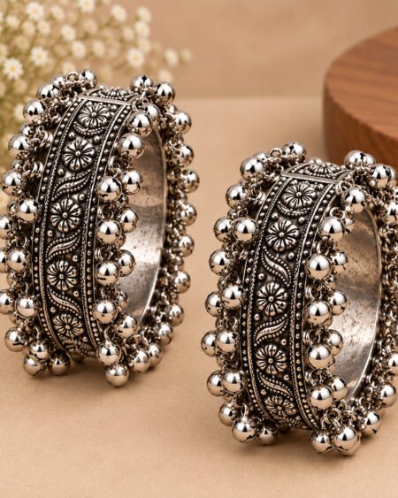 Oxidised Silver Floral Embossed Kada Set – Pair of 2