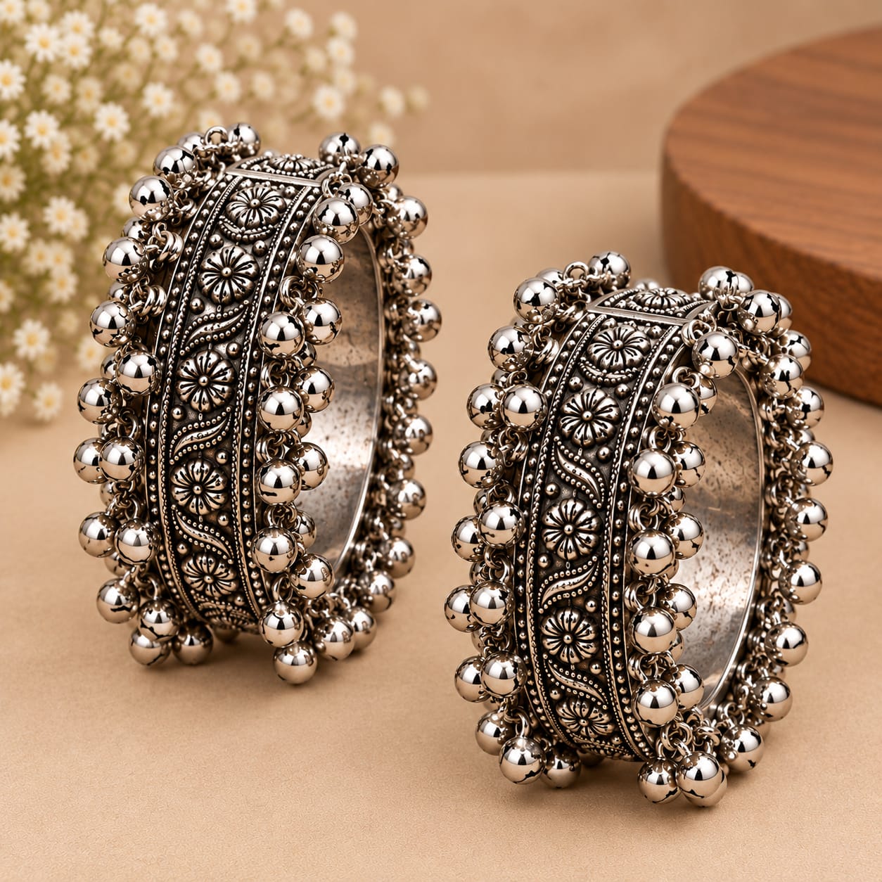 Oxidised Silver Floral Embossed Kada Set – Pair of 2