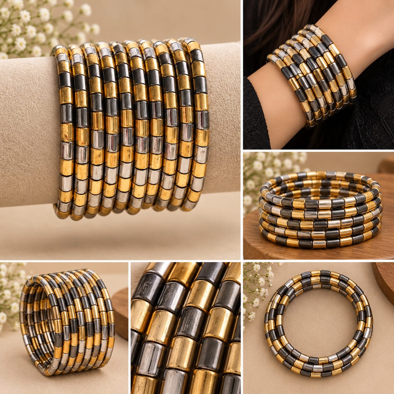 Gold & Silver Tone Beaded Stretch Bracelet Set - Image 2