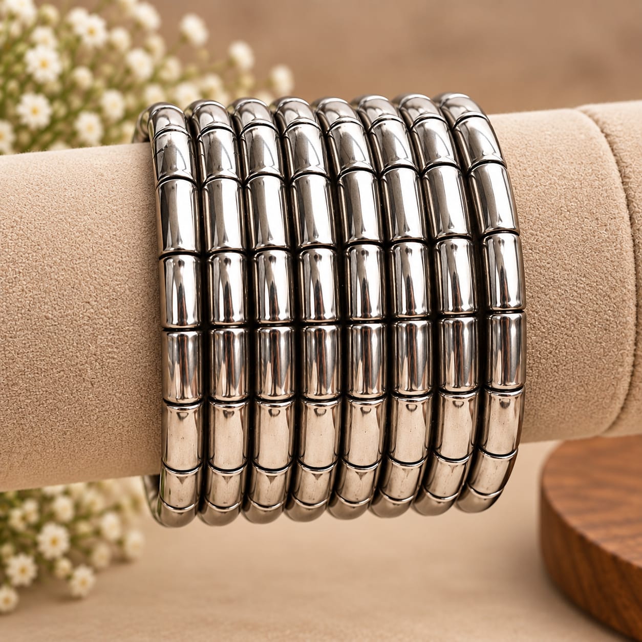Classic Silver Tone Multi-Row Beaded Bracelet Set