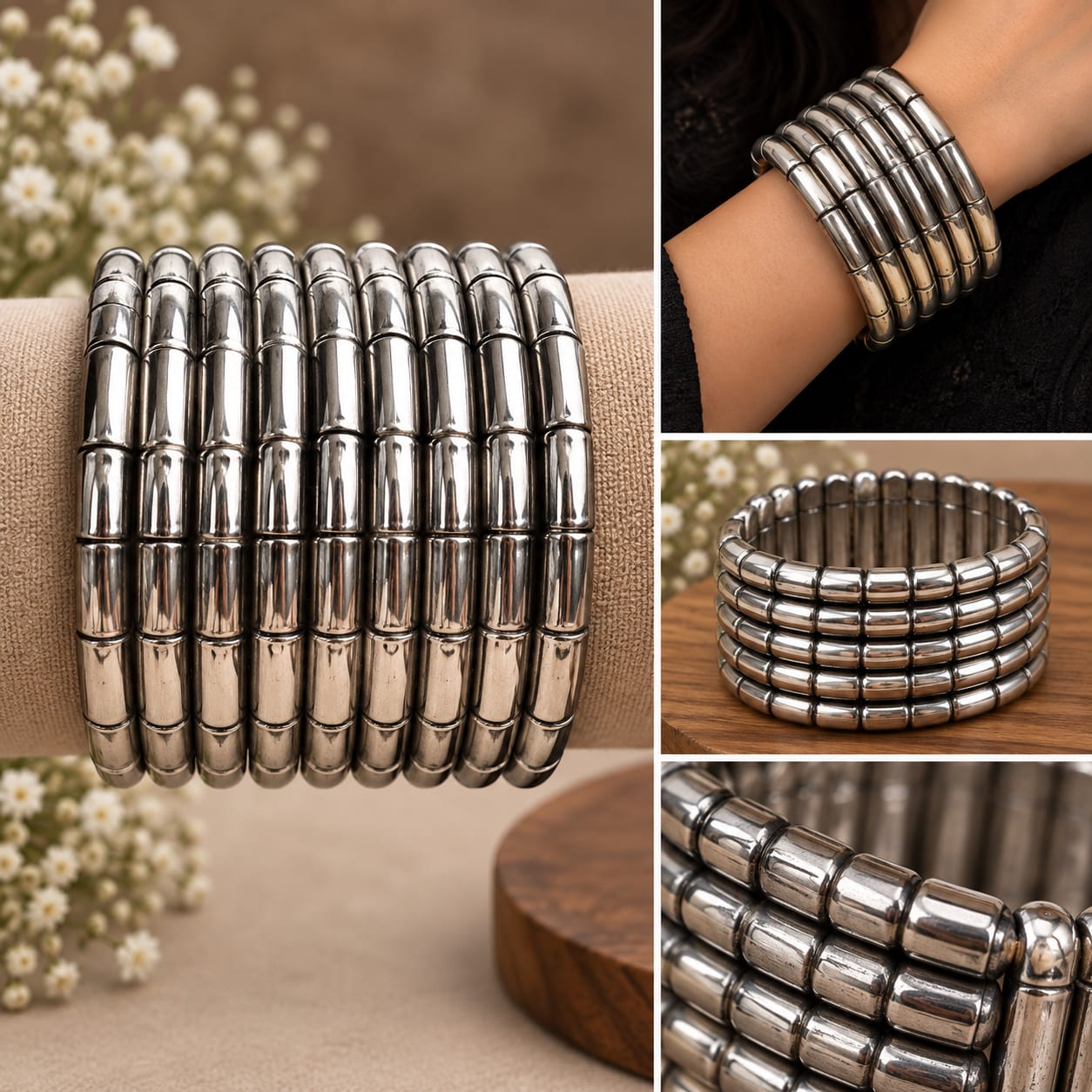 Classic Silver Tone Multi-Row Beaded Bracelet Set - Image 2