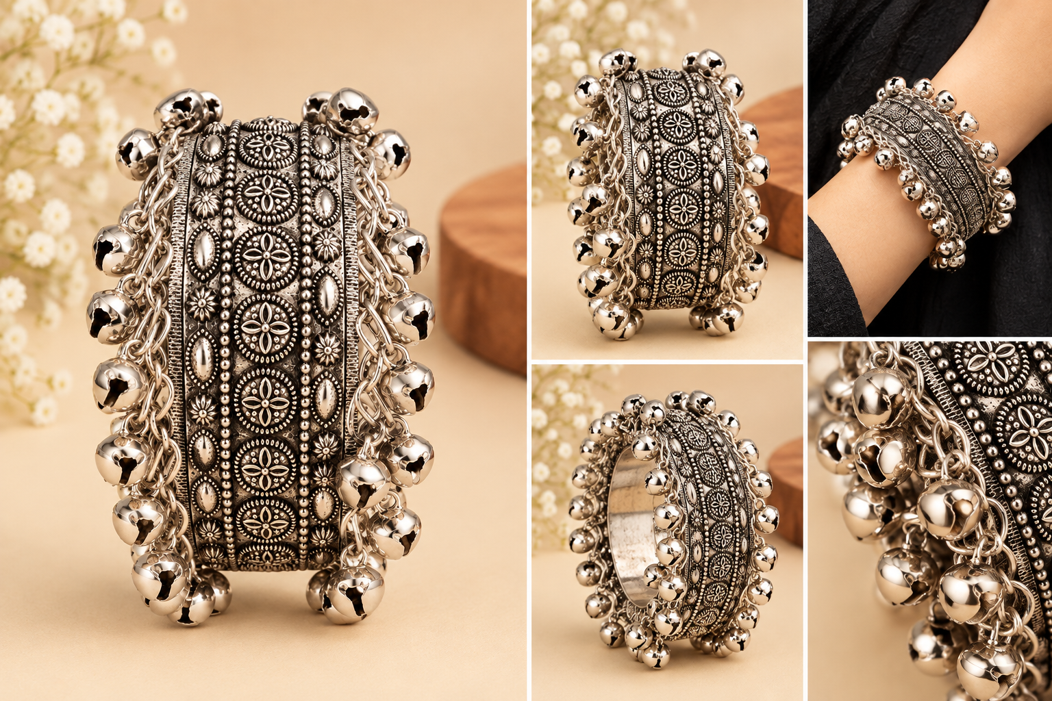 Oxidised Silver Floral Embossed Kada Set – Pair of 2 new design - Image 3