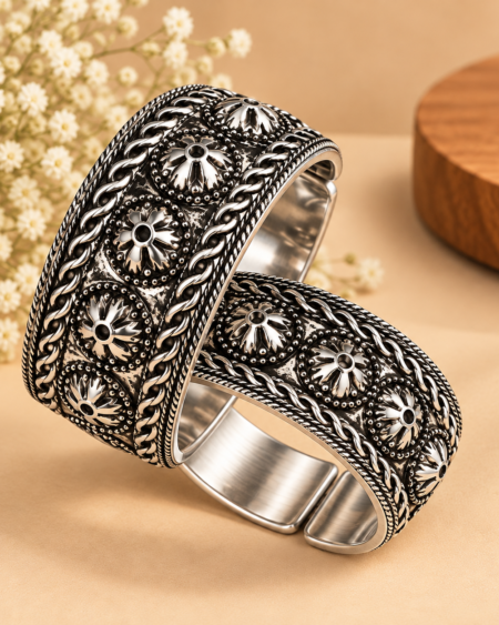 Antique Silver Floral Engraved Cuff Bracelet