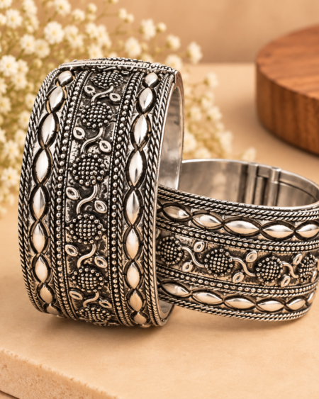 Antique Silver Floral Engraved Cuff Bracelet-Kada