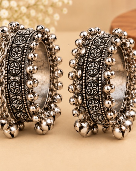 Oxidised Silver Floral Embossed Kada Set – Pair of 2 new design