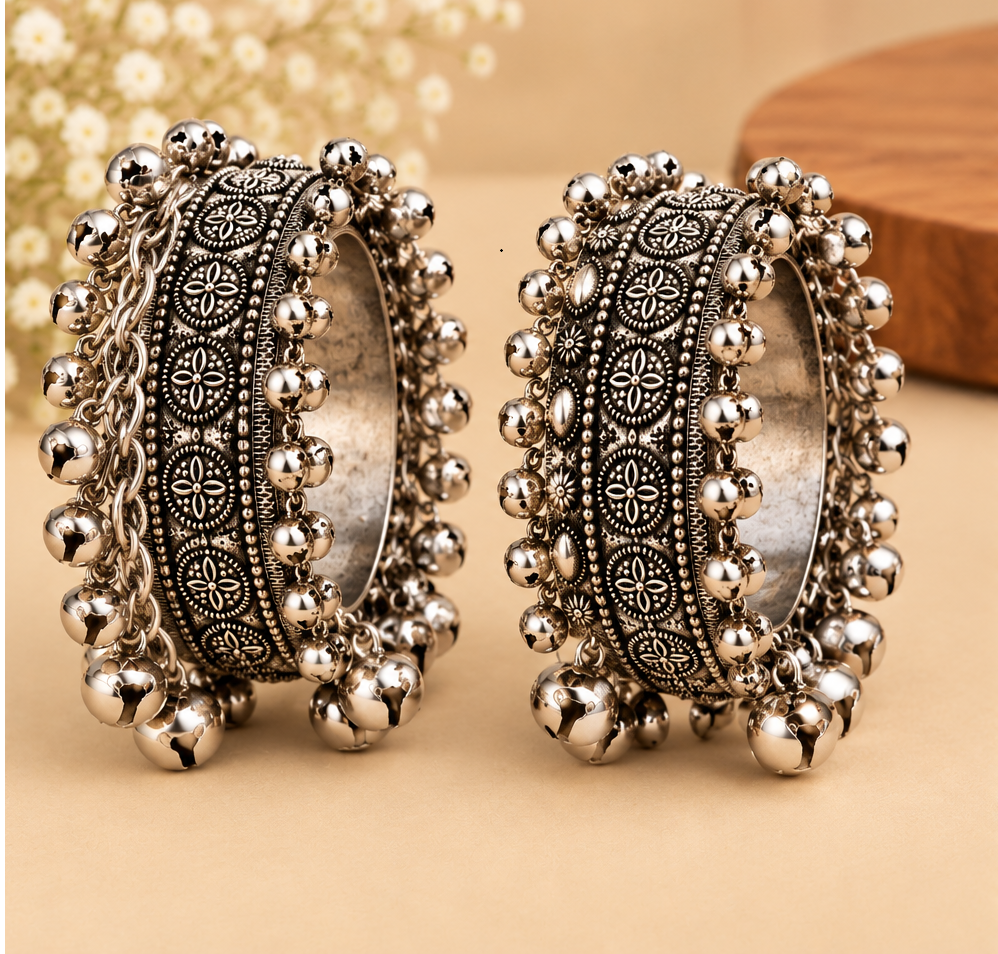 Oxidised Silver Floral Embossed Kada Set – Pair of 2 new design